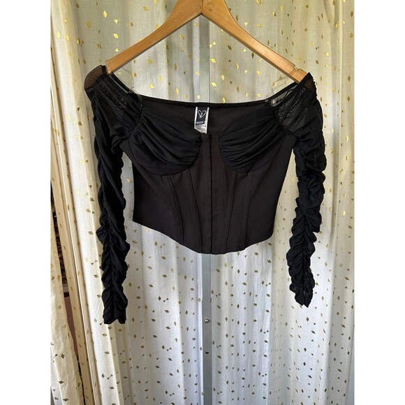 Windsor Off Shoulder Ruched Mesh Sleeves Padded Chest Front Hooks Corset Top S - Picture 1 of 3